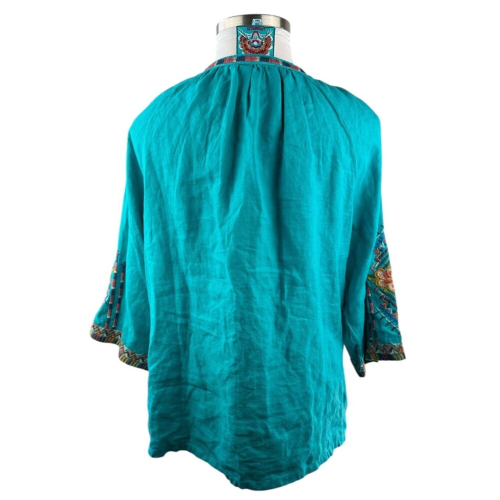 Johnny Was Linen Sentrie Peasant Blouse Floral Embroidered Blue 3/4 Sleeve XXL - Picture 14 of 16